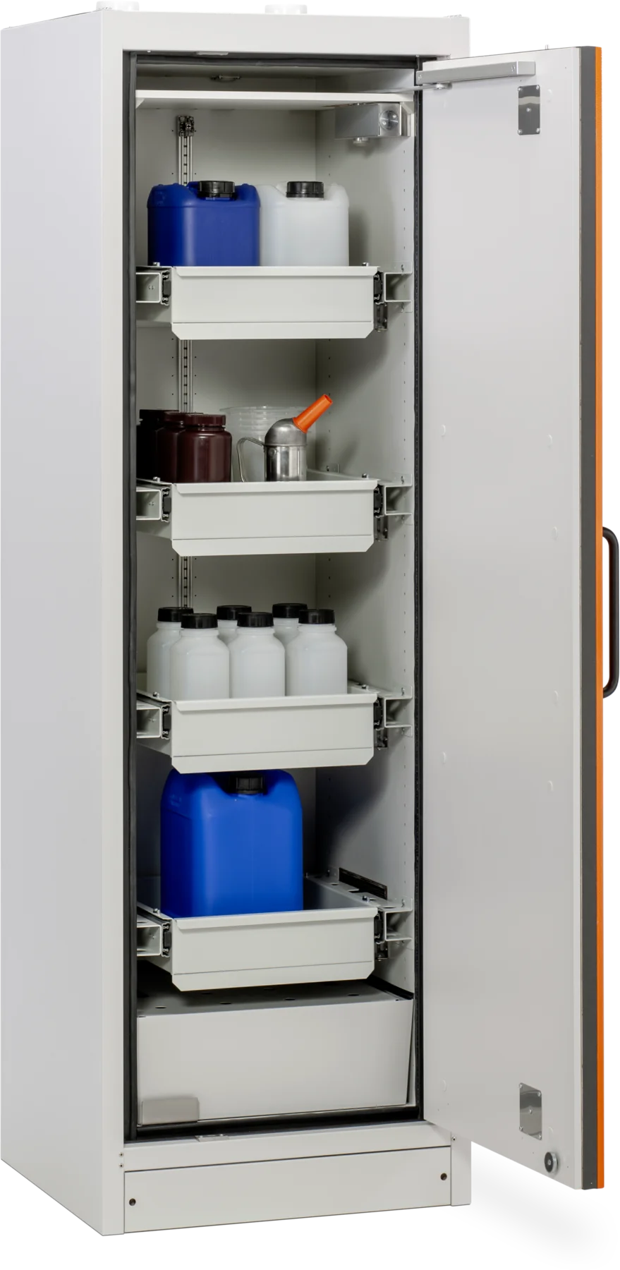 CEMO PROline safety cabinet with full-extension pull-out shelves, 33 L, grey, left-opening door, blue doors